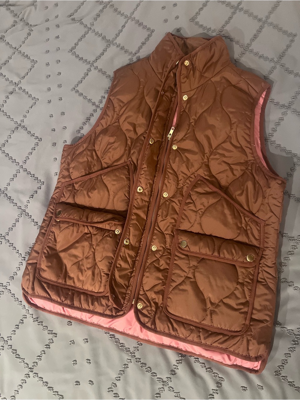 J. Crew Quilted Reversible Rust Brown and Pink Vest